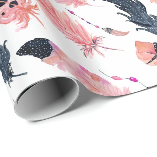 Boho Pink Feathers Cadeaupapier (Rol Hoek)