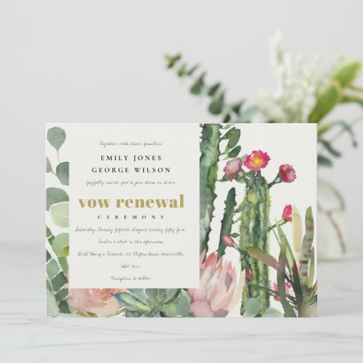 BOHO PINK FLORA CACTI FAUNA WATERVERF VOW RENEWAL KAART (Staand voorkant)