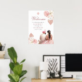 Boho Pink Floral Anand Karaj Bruiloft Welkomstbord Poster (Thuiskantoor)