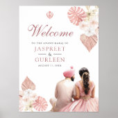 Boho Pink Floral Anand Karaj Bruiloft Welkomstbord Poster (Voorkant)