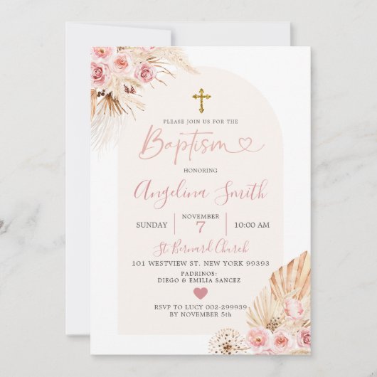 Boho Pink Floral Arch Baptism Uitnodiging (Voorkant)