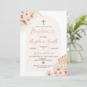 Boho Pink Floral Arch Baptism Uitnodiging (Staand voorkant)