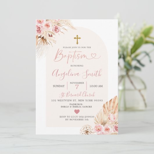Boho Pink Floral Arch Baptism Uitnodiging (Staand voorkant)