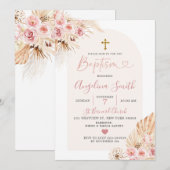 Boho Pink Floral Arch Baptism Uitnodiging (Voorkant / Achterkant)