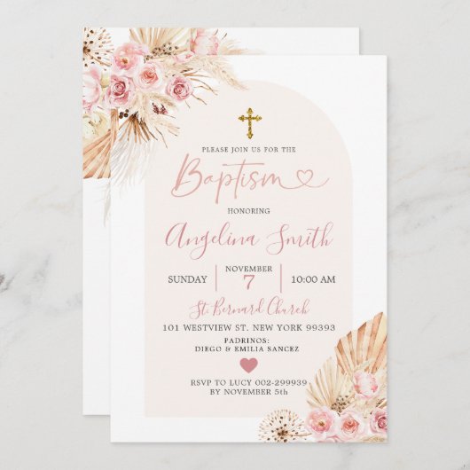Boho Pink Floral Arch Baptism Uitnodiging (Voorkant / Achterkant)