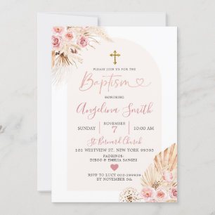 Boho Pink Floral Arch Baptism Uitnodiging