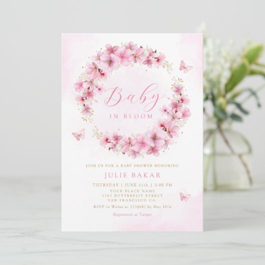Boho Pink Floral Baby in Bloom Girl Baby shower Kaart (Staand voorkant)