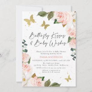 Boho Pink Floral Butterfly Kisses Baby shower Kaart