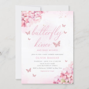 Boho Pink Floral Butterfly Kisses Girl Baby shower Kaart