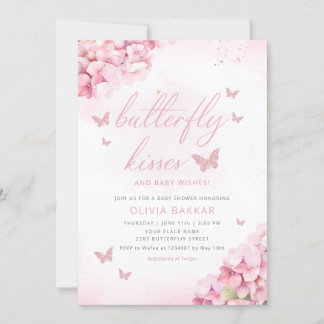 Boho Pink Floral Butterfly Kisses Girl Baby shower Kaart