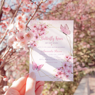 Boho Pink Floral Butterfly Kisses Girl Baby shower Kaart