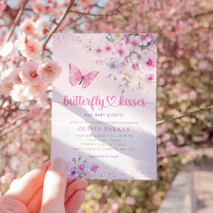 Boho Pink Floral Butterfly Kisses Girl Baby shower Kaart