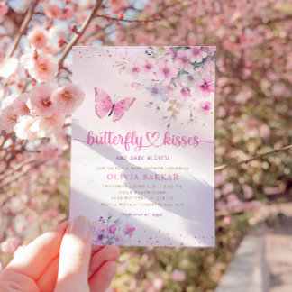 Boho Pink Floral Butterfly Kisses Girl Baby shower Kaart