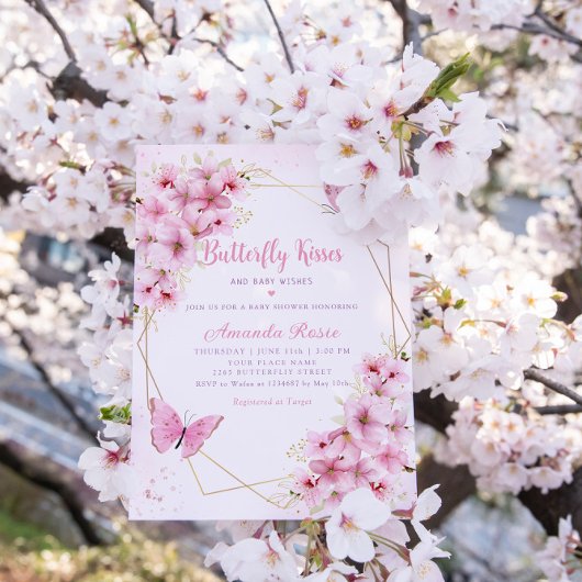 Boho Pink Floral Butterfly Kisses Girl Baby shower Kaart