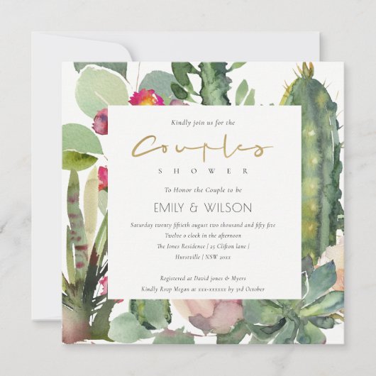 BOHO PINK FLORAL CACTI FOLIAGE COUPLY SHOWER KAART (Voorkant)