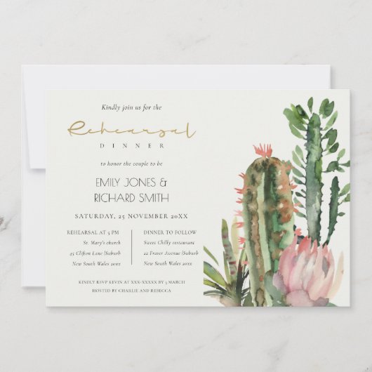 BOHO PINK FLORAL CACTI FOLIAGE REHEARSAL DINNER IN KAART (Voorkant)