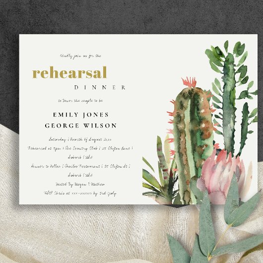 BOHO PINK FLORAL CACTI FOLIAGE REHEARSAL DINNER KAART