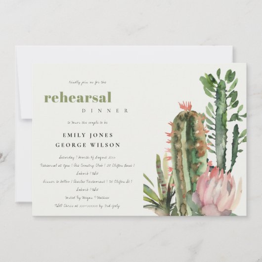 BOHO PINK FLORAL CACTI FOLIAGE REHEARSAL DINNER KAART (Voorkant)