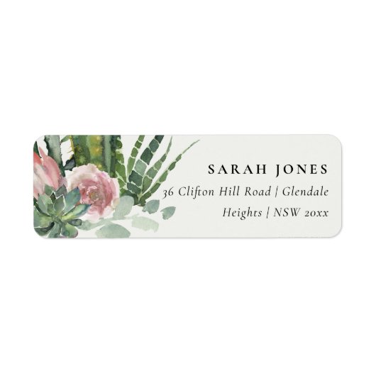 BOHO PINK FLORAL CACTI FOLIAGE WATERVERF ADRES ETIKET (Voorkant)