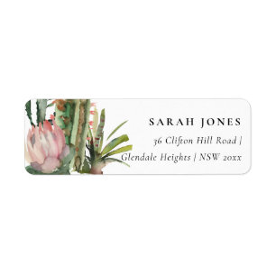 BOHO PINK FLORAL CACTI FOLIAGE WATERVERF ADRES ETIKET