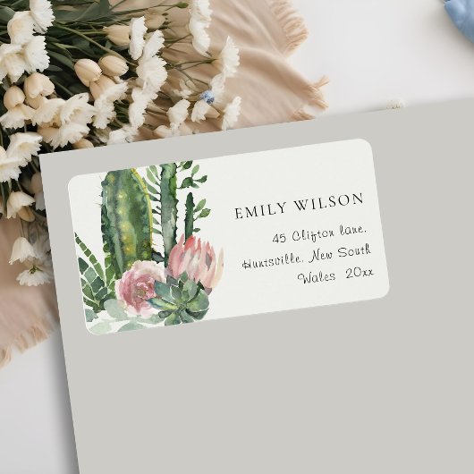 BOHO PINK FLORAL CACTI FOLIAGE WATERVERF ADRES ETIKET