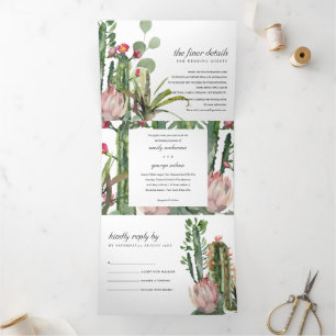BOHO PINK FLORAL CACTI FOLIAGE WATERVERF WEDING DRIELUIK UITNODIGING