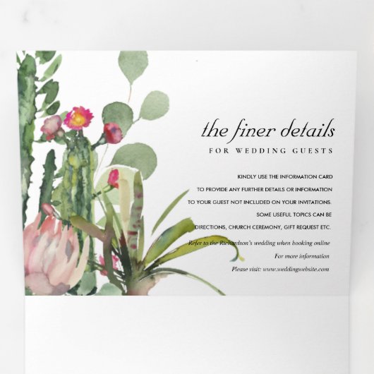 BOHO PINK FLORAL CACTI FOLIAGE WATERVERF WEDING DRIELUIK UITNODIGING (Binnenzijde eerst)