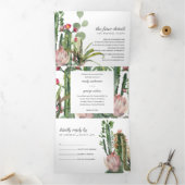 BOHO PINK FLORAL CACTI FOLIAGE WATERVERF WEDING DRIELUIK UITNODIGING (Binnen)