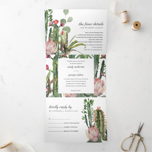 BOHO PINK FLORAL CACTI FOLIAGE WATERVERF WEDING DRIELUIK UITNODIGING (Binnen)
