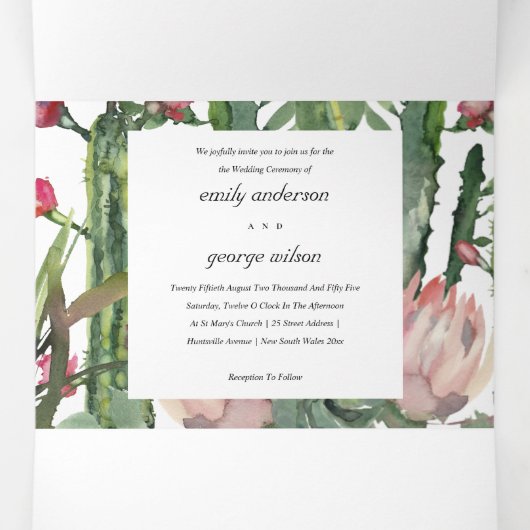 BOHO PINK FLORAL CACTI FOLIAGE WATERVERF WEDING DRIELUIK UITNODIGING (Binnenkant midden)