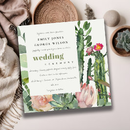 BOHO PINK FLORAL CACTI FOLIAGE WATERVERF WEDING KAART