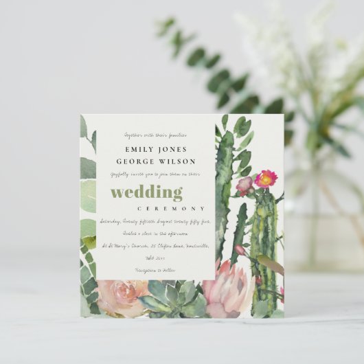 BOHO PINK FLORAL CACTI FOLIAGE WATERVERF WEDING KAART (Staand voorkant)
