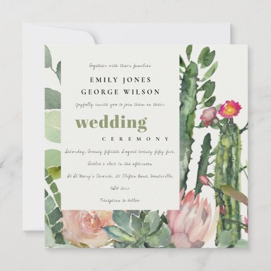 BOHO PINK FLORAL CACTI FOLIAGE WATERVERF WEDING KAART (Voorkant)