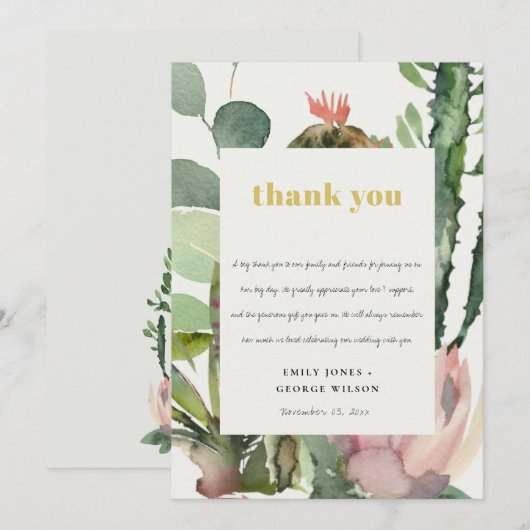 BOHO PINK FLORAL CACTI FOLIAGE WEDDING DANK U KAART (Voorkant / Achterkant)