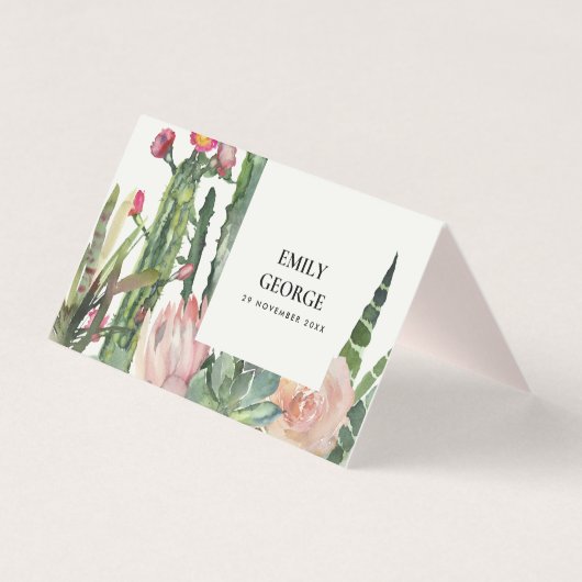 BOHO PINK FLORAL CACTI FOLIAGE WEDDING PLACE CARDS KAART (Achterkant)