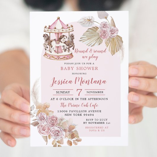 Boho Pink Floral Carousel Baby shower Kaart