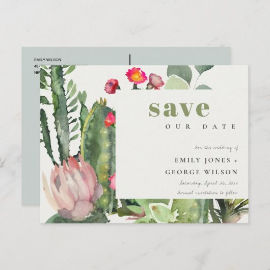 BOHO PINK FLORAL DESERT CACTI FAUNA BEWAART DE DAT AANKONDIGINGSKAART (Voorkant / Achterkant)