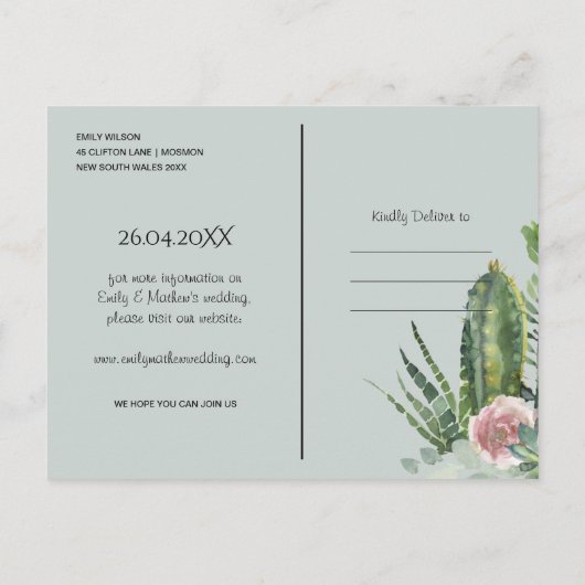 BOHO PINK FLORAL DESERT CACTI FAUNA BEWAART DE DAT AANKONDIGINGSKAART (Achterkant)