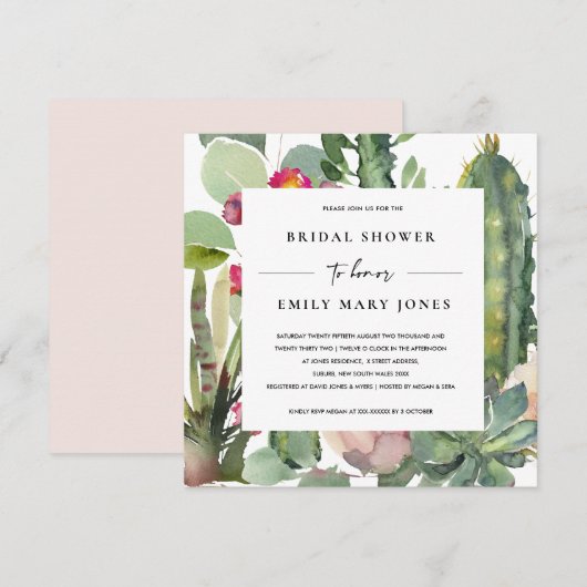 BOHO PINK FLORAL DESERT CACTI FAUNA VRIJGEZELLENFE KAART (Voorkant / Achterkant)