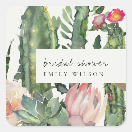 BOHO PINK FLORAL DESERT CACTI FAUNA VRIJGEZELLENFE VIERKANTE STICKER (Voorkant)