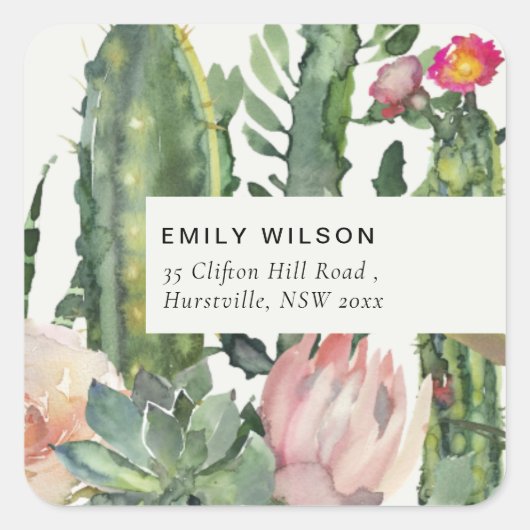 BOHO PINK FLORAL DESERT CACTI FOLIAGE ADRES VIERKANTE STICKER (Voorkant)