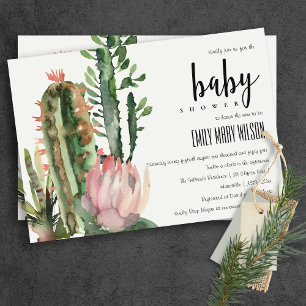 BOHO PINK FLORAL DESERT CACTI FOLIAGE BABY SHOWER KAART
