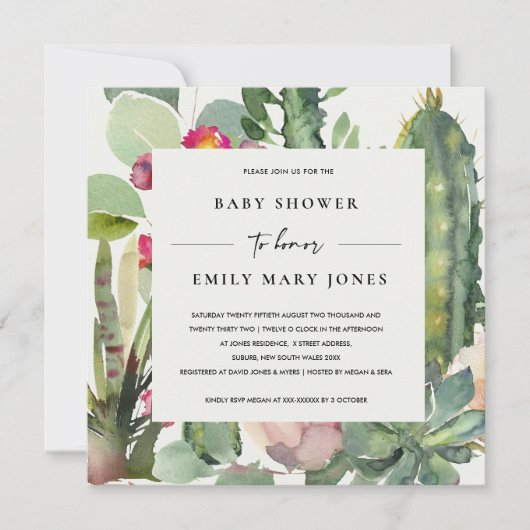 BOHO PINK FLORAL DESERT CACTI FOLIAGE BABY SHOWER KAART (Voorkant)