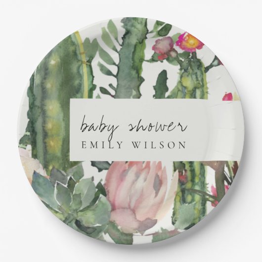 BOHO PINK FLORAL DESERT CACTI FOLIAGE BABY SHOWER PAPIEREN BORDJE (Voorkant)