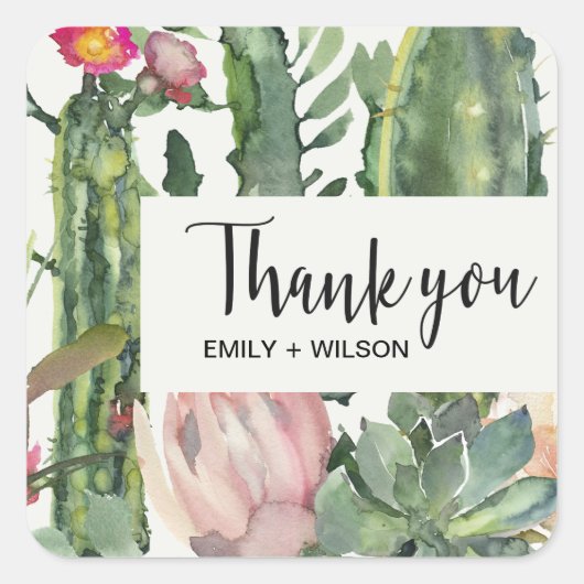 BOHO PINK FLORAL DESERT CACTI FOLIAGE DANK U VIERKANTE STICKER (Voorkant)