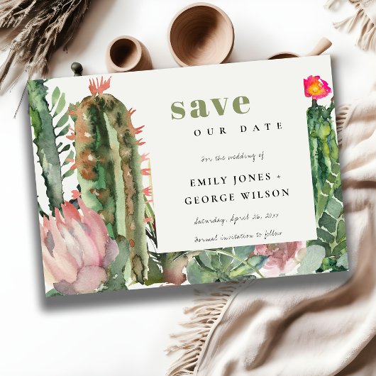 BOHO PINK FLORAL DESERT CACTI FOLIAGE WATERVERF SAVE THE DATE