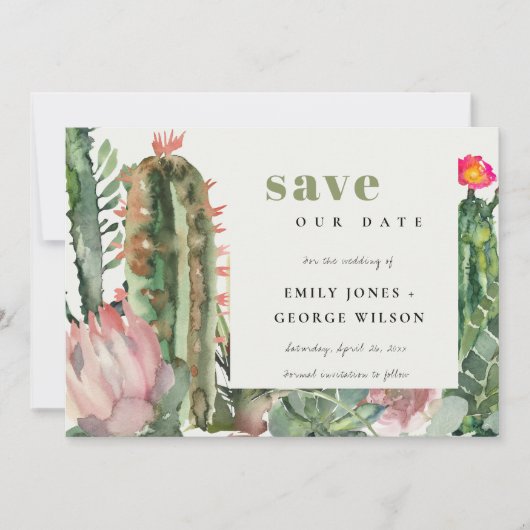 BOHO PINK FLORAL DESERT CACTI FOLIAGE WATERVERF SAVE THE DATE (Voorkant)