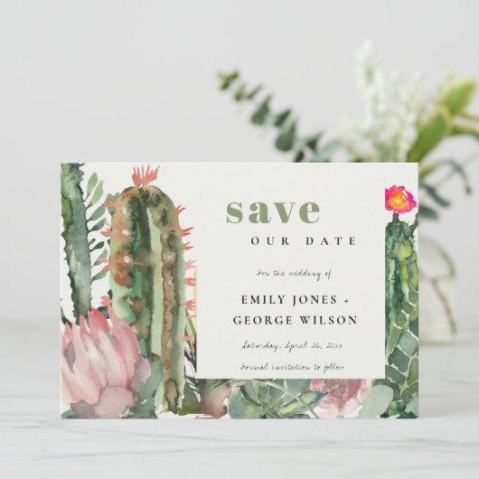 BOHO PINK FLORAL DESERT CACTI FOLIAGE WATERVERF SAVE THE DATE (Staand voorkant)