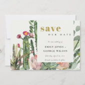 BOHO PINK FLORAL DESERT CACTI FOLIAGE WATERVERF SAVE THE DATE (Voorkant)
