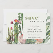 BOHO PINK FLORAL DESERT CACTI FOLIAGE WATERVERF SAVE THE DATE (Voorkant)